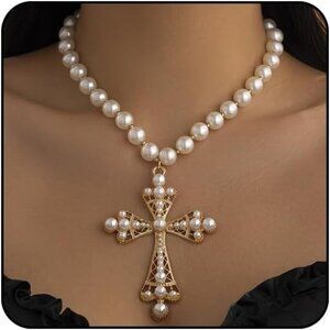 Women Punk Pearl Cross Necklace - Chunky Gothic Punk Vintage Cross Jewelry